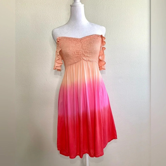 Tiare Hawaii Hollie Mini Dress smocked bodice Ruffle sleeves on/off shoulder S/M - Picture 3 of 16